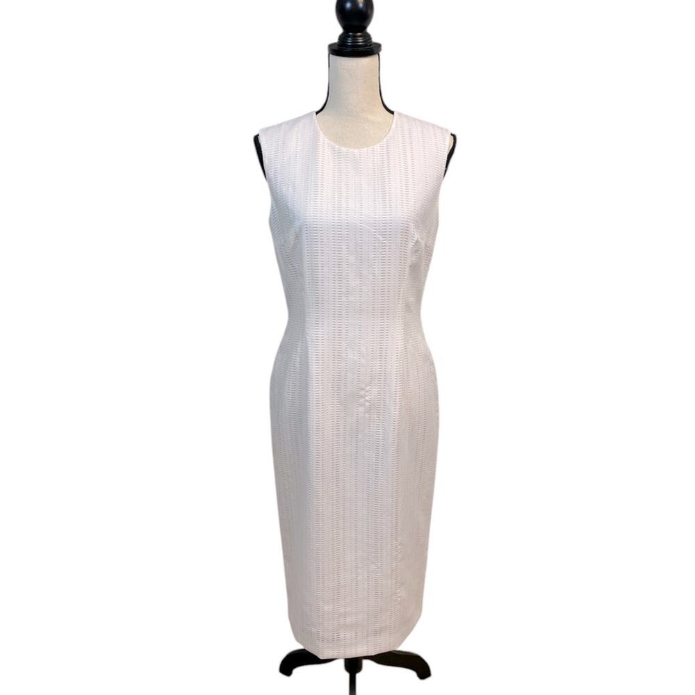 Escada White Sleeveless Perforated European Summer Midi Sheath Dress Size EU 36